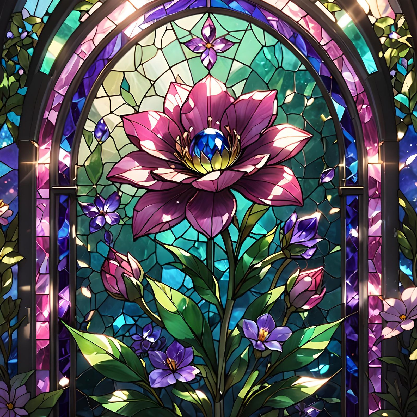 Sparkling Stained Glass Flower in Anime Style