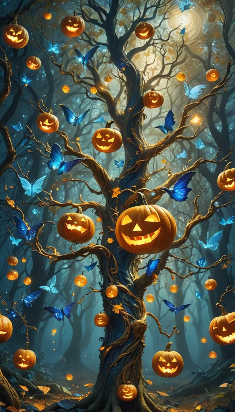 Flying Blue Pumpkins in Iridescent Forest