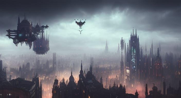 Gothic Cyberpunk Cityscape with Airship