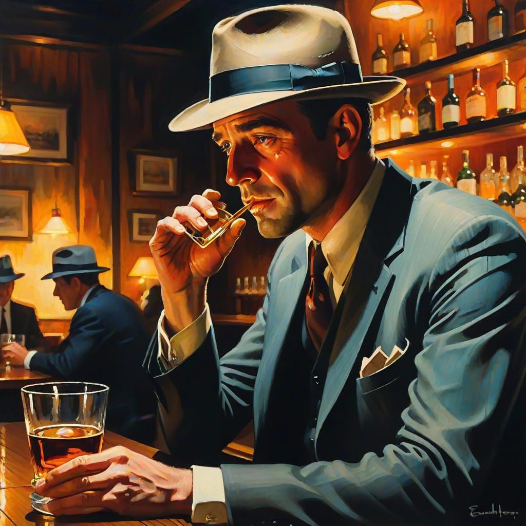 Film Noir Man Drinking Whiskey as Oil Painting