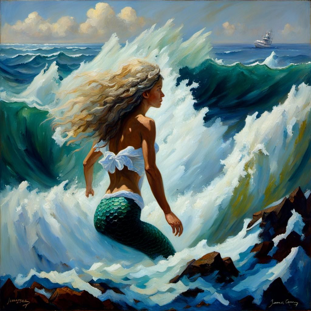 Mermaid Swimming in Crashing Ocean Waves