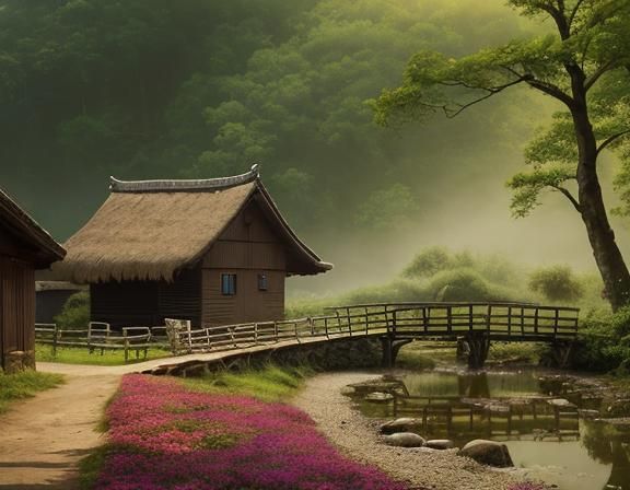 Idyllic Village Coexisting With Nature as Oil Painting