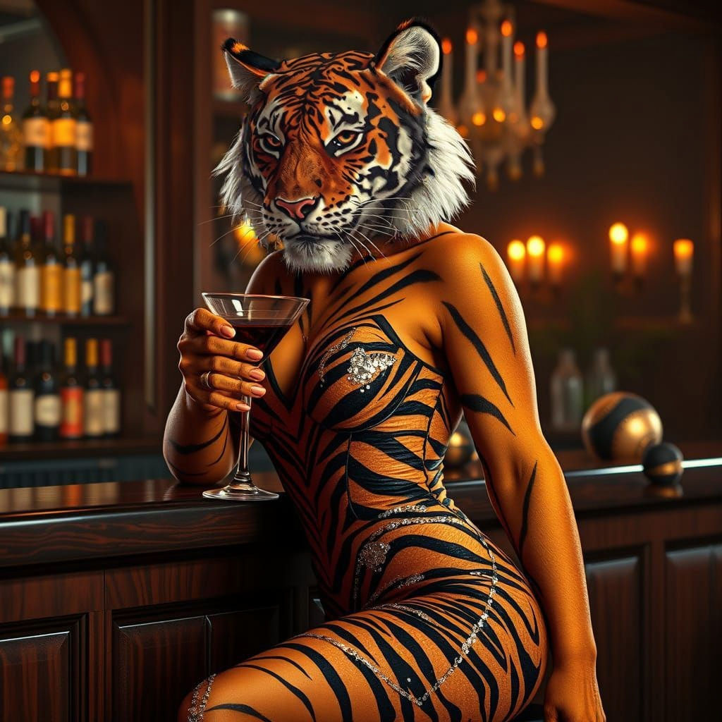 Sultry Tiger Woman Sips Martini in Golden Hour Glamour