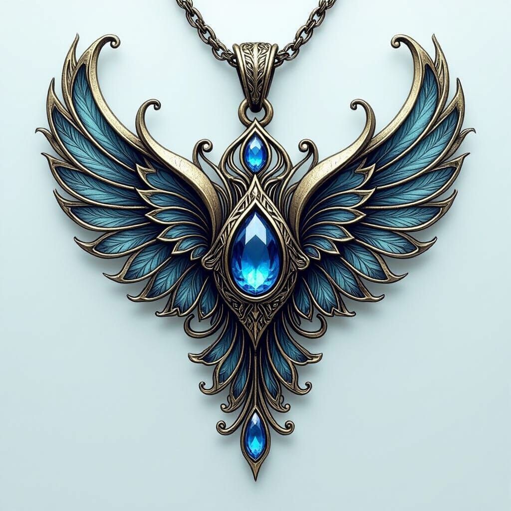 Wind Sigil Pendant with Blue Gem, Art Nouveau Style