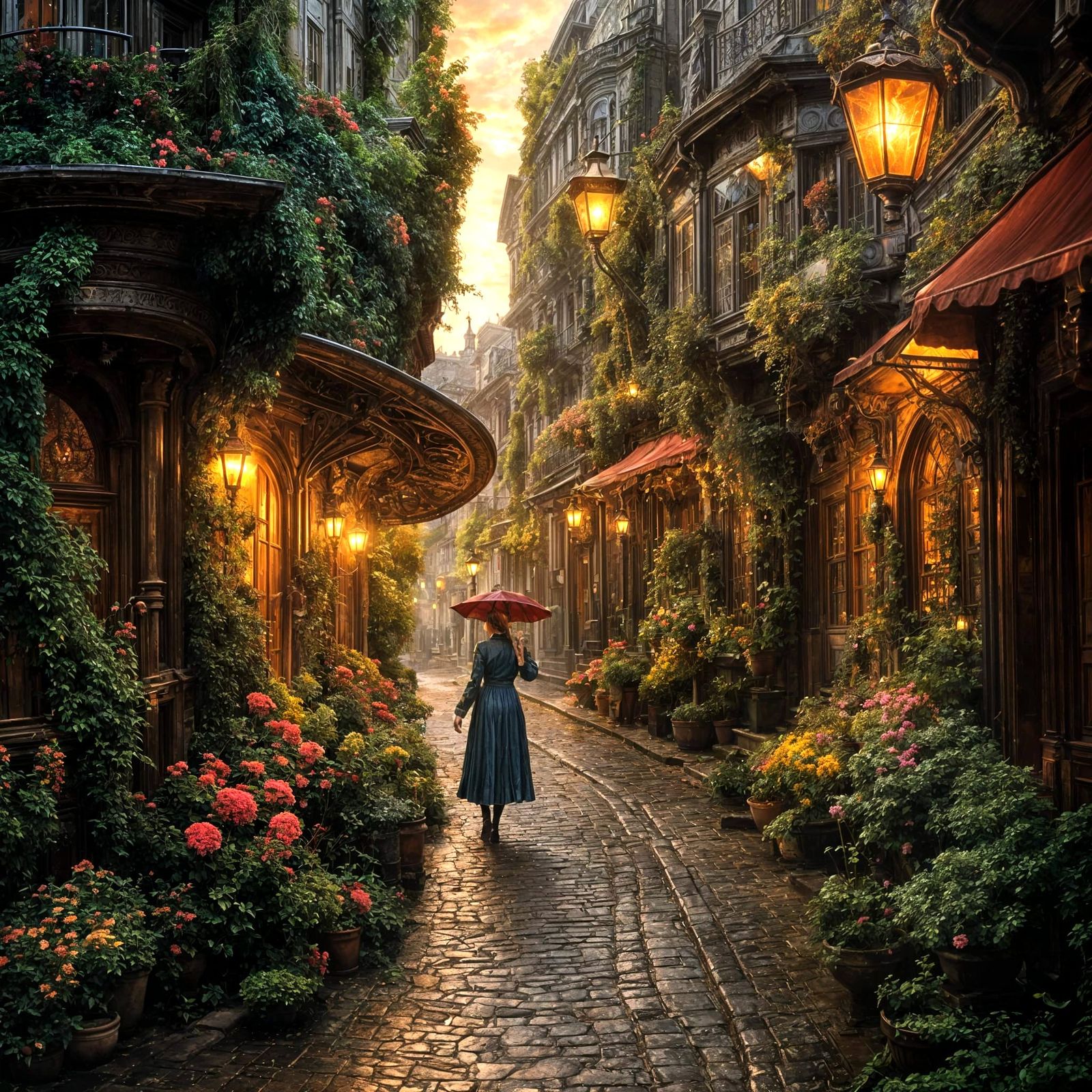 Victorian Women on Rainy Street, Oil Painting