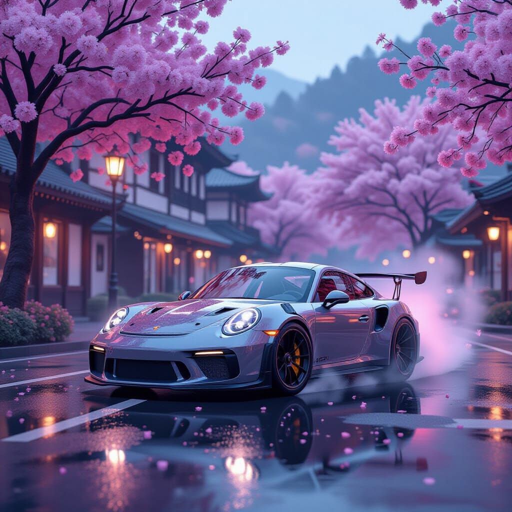 Porsche GT3 RS Drifting Among Cherry Blossoms