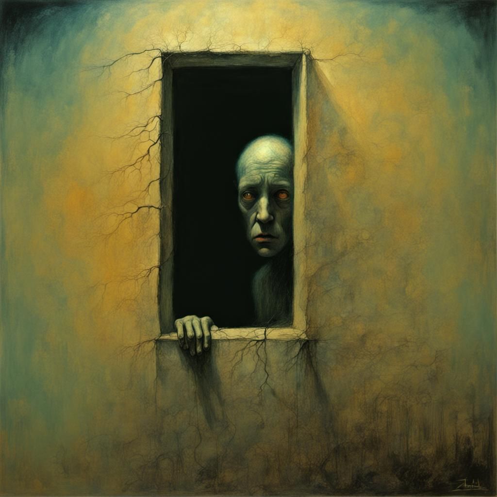 Disturbing Figure in Beksinski-Style Dystopian Landscape