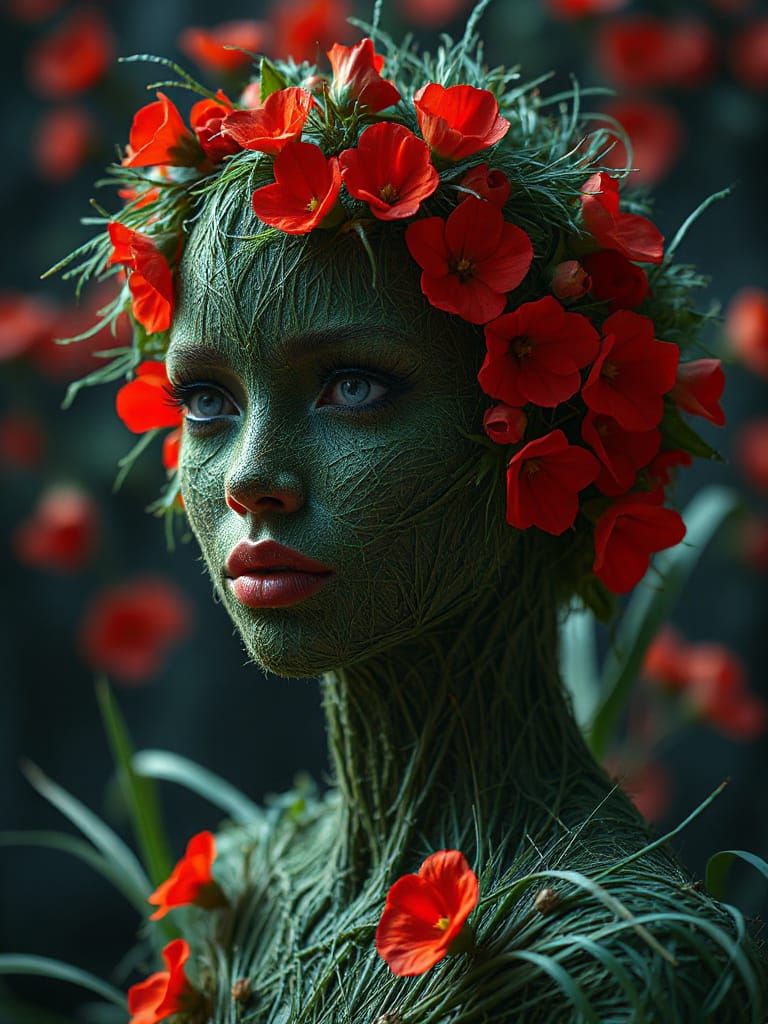 Hyper-Realistic Grass Goddess in Vibrant Bloom