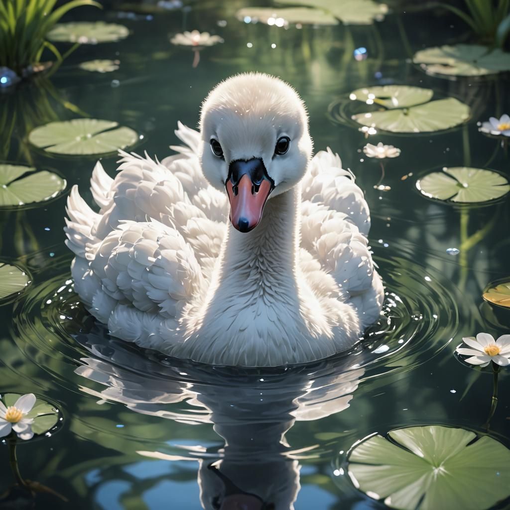 Cute Swan in Crystal Pond: 3D Anime Art