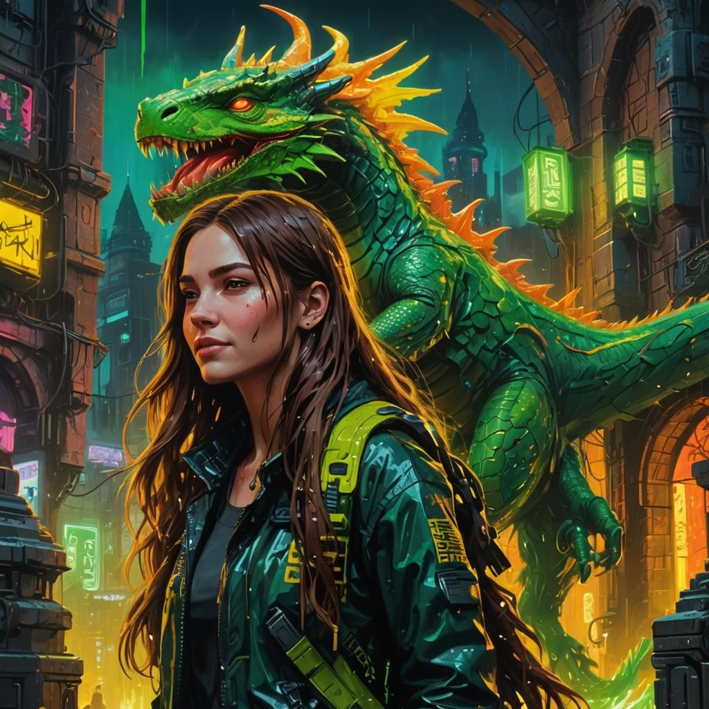 Cyberpunk Woman and Dragon with Neon Smile