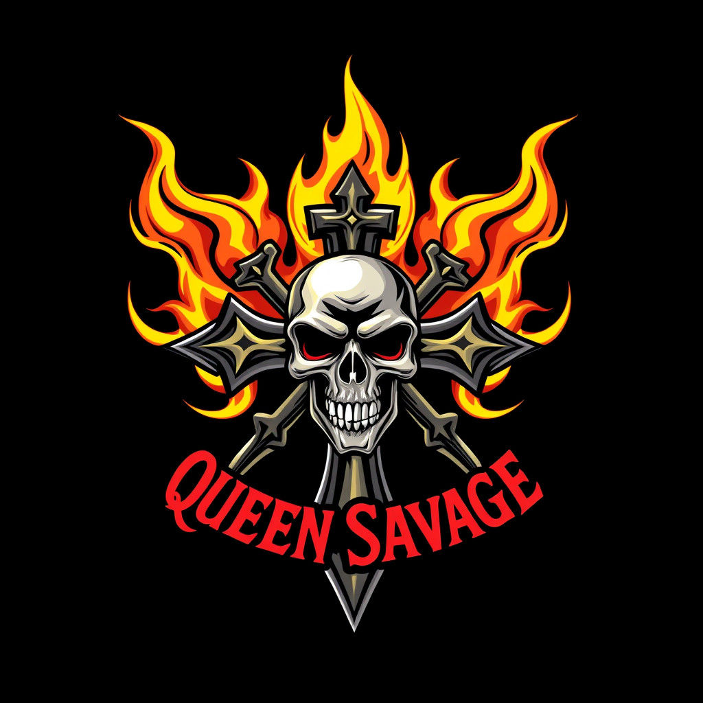Queen Savage Logo with Skull Cross and Flames