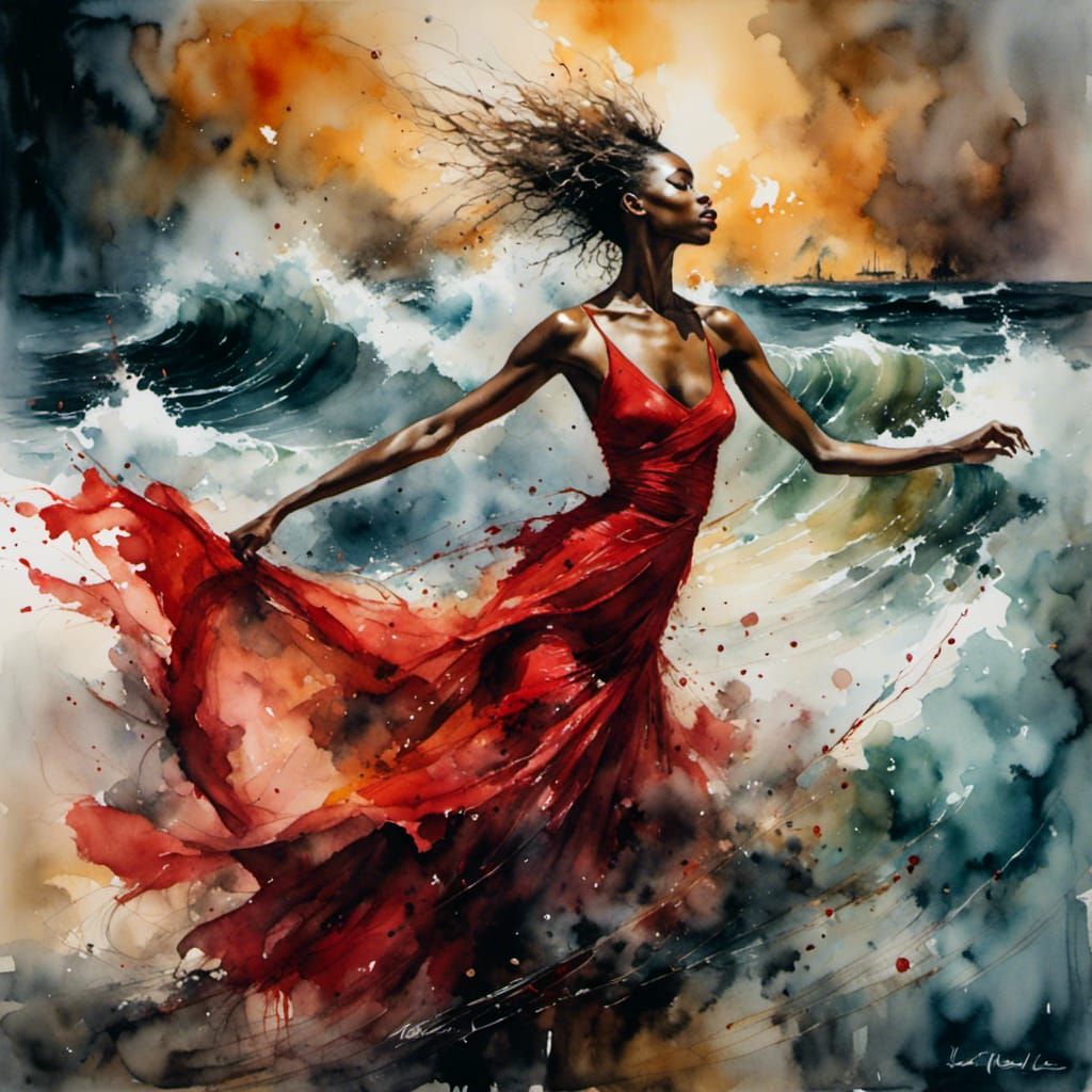 An ethereal woman dances amidst red smoke.