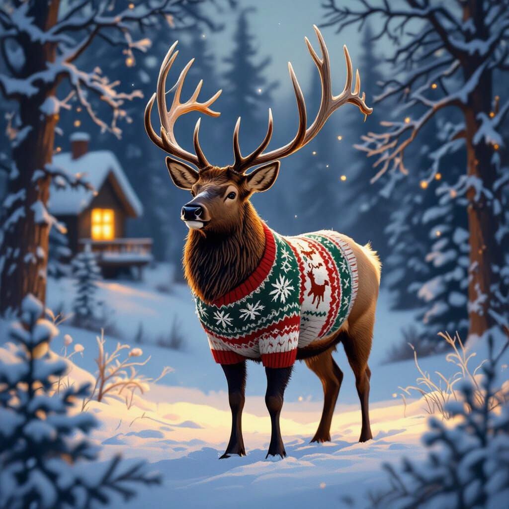 Majestic Elk in Festive Christmas Jumper in Snowy Forest