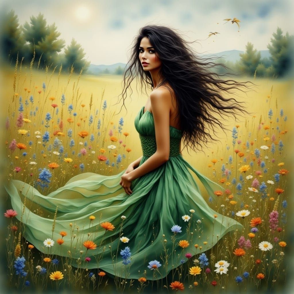 Woman in Meadow as Antique Watercolor Painting