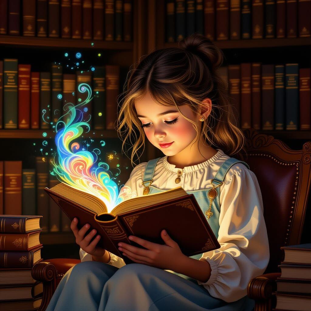 Girl Reflects on Herself in Book, Whimsical Illustration Sty...