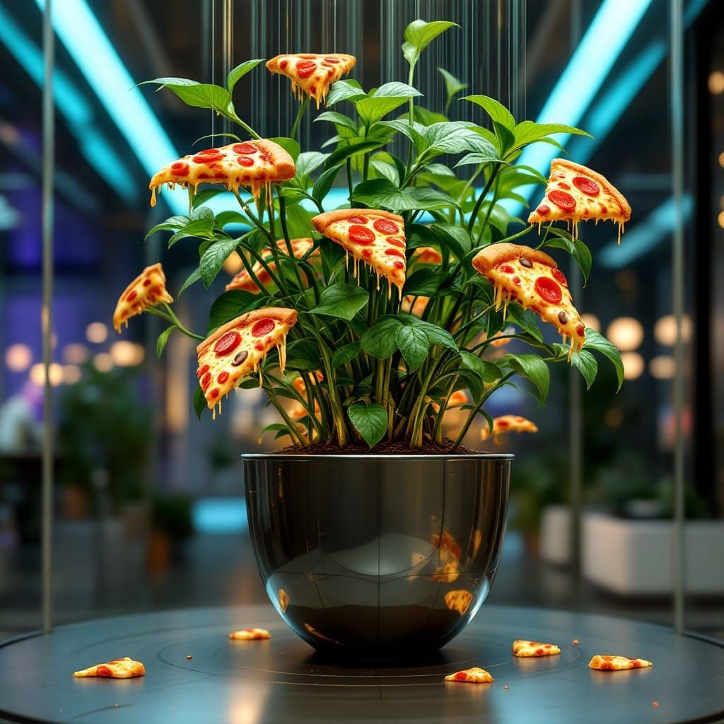Mysterious Alien Plant Blooms with Pizza Slices in Futuristi...