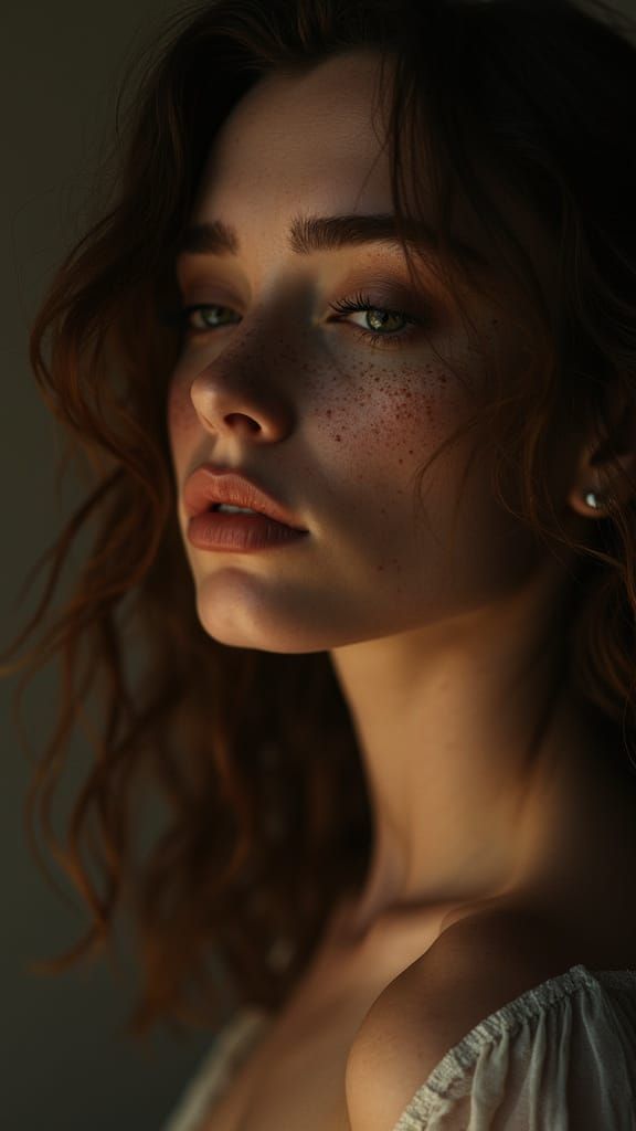 Dreamlike Portrait of Freckled Muse in Sepia Tones