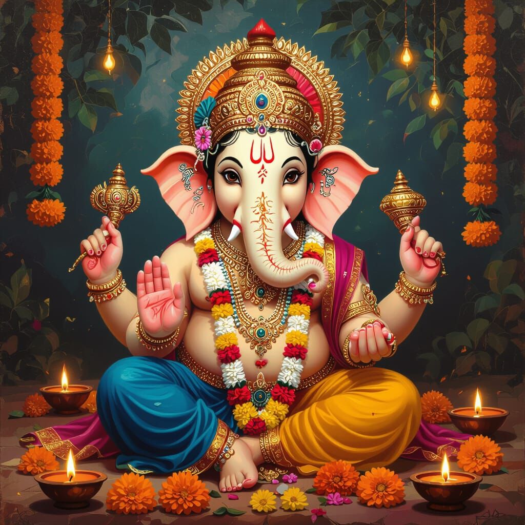 Lord Ganesha in Vibrant Indian Festival Scene