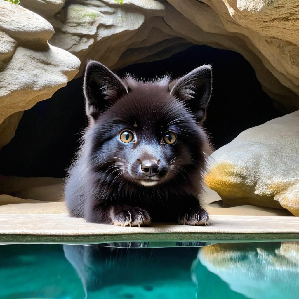 Adorable Black Fox with White Markings in Cave
