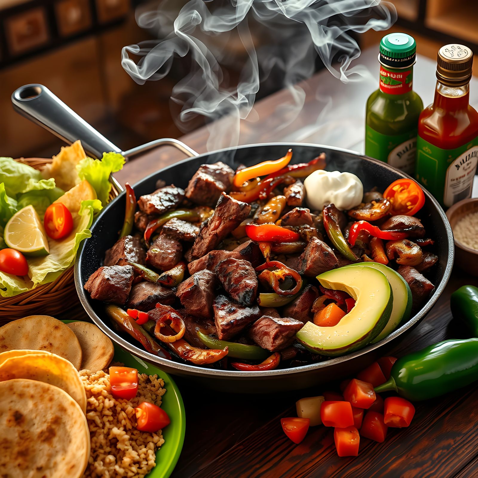 Sizzling Fajita Skillet in Hyper-Realistic Style