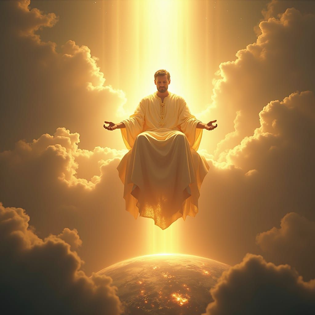 Divine Figure on Radiant Throne Above Earth