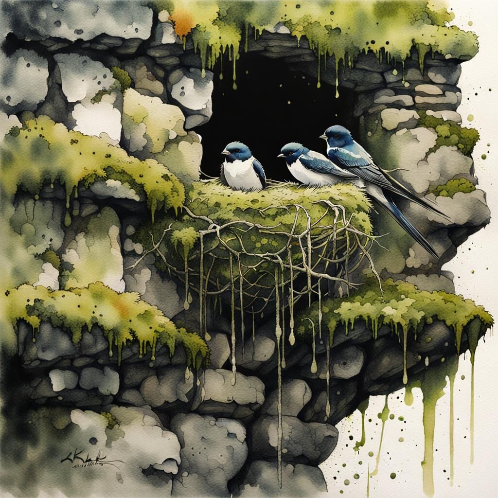 Swallow's Nest on Mossy Wall: Watercolor Ink Art