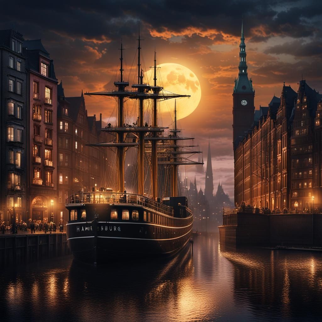 Hamburg Port at Night: Detailed Matte Painting
