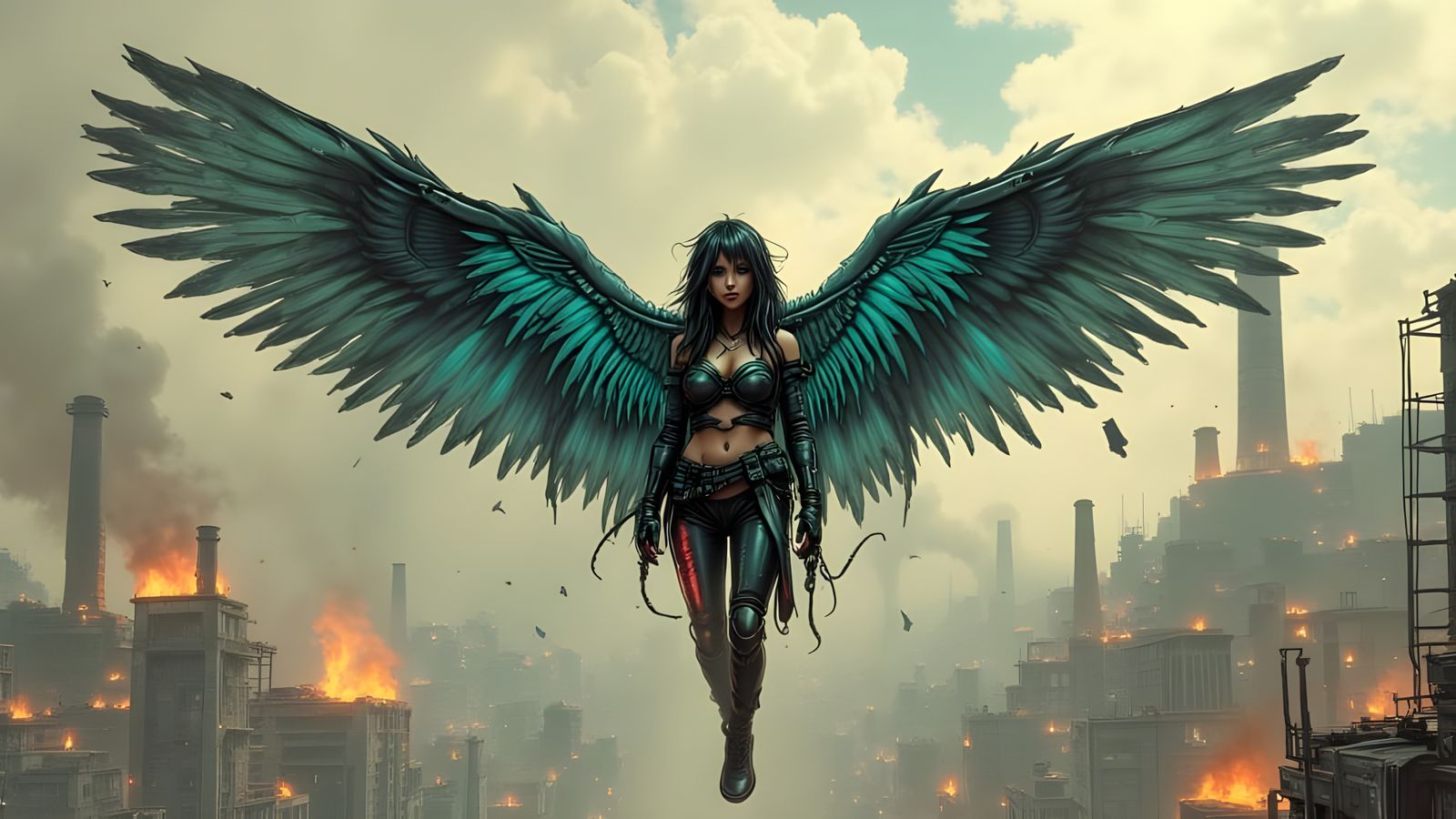 Cyberpunk Angel in a Corroded Metropolis
