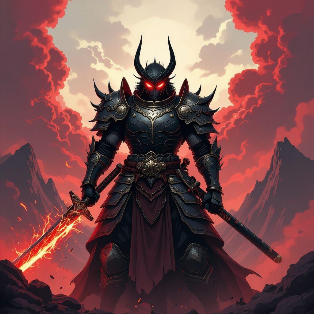 Anime Demon Warrior with Magic Katana and Crimson Sky