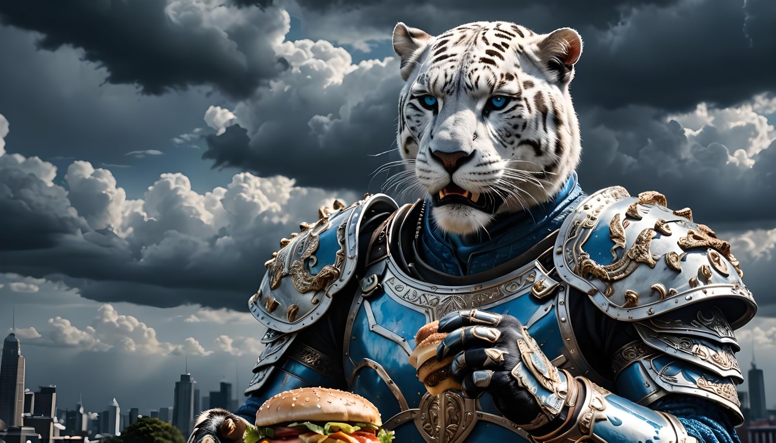 Armored Panther Warrior Eats Hamburger