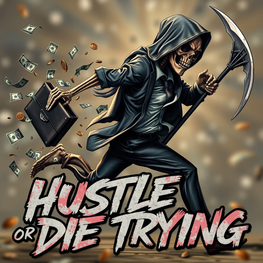 Skeletal Hustle: Grim Reaper's Pursuit in Hyperrealism