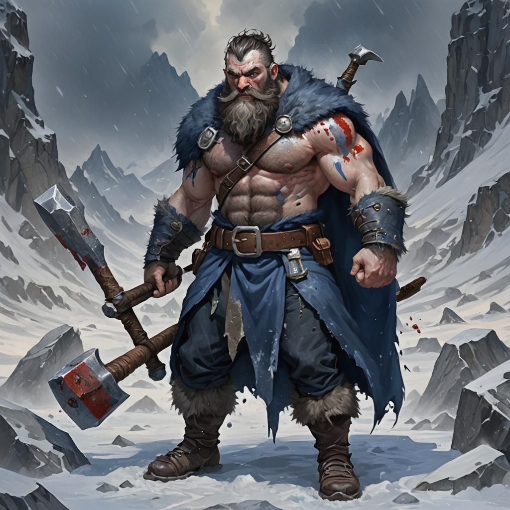 Dwarf Barbarian with War Hammer in Snowy Tundra
