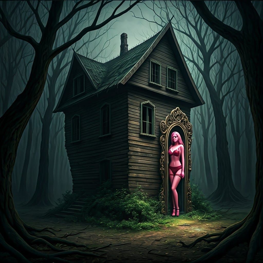 Eerie Haunted House with Barbie Model, Dark Fantasy Art