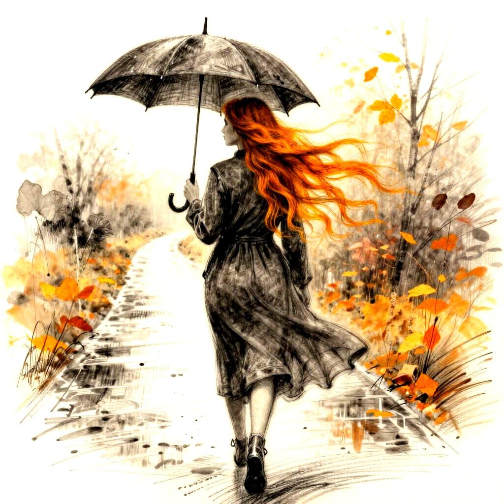 Amber Haired Woman with Umbrella in Autumn Rain Sketch