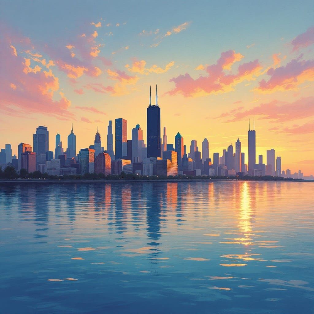 Dreamy Chicago Skyline at Sunset, Impressionist Cityscape