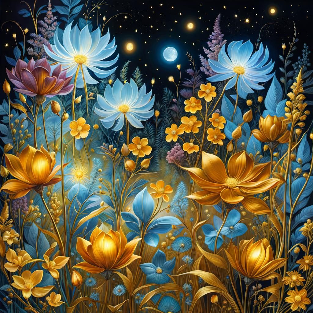 Golden Meadow at Night: Hyperrealistic Dreamscape