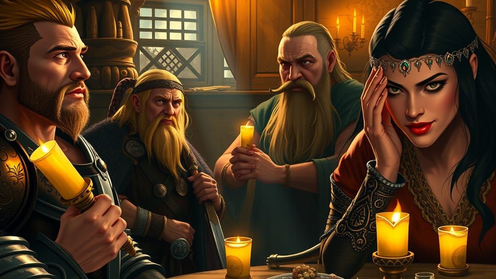 Medieval Tavern Scene in Warm Candlelight Oil Painting