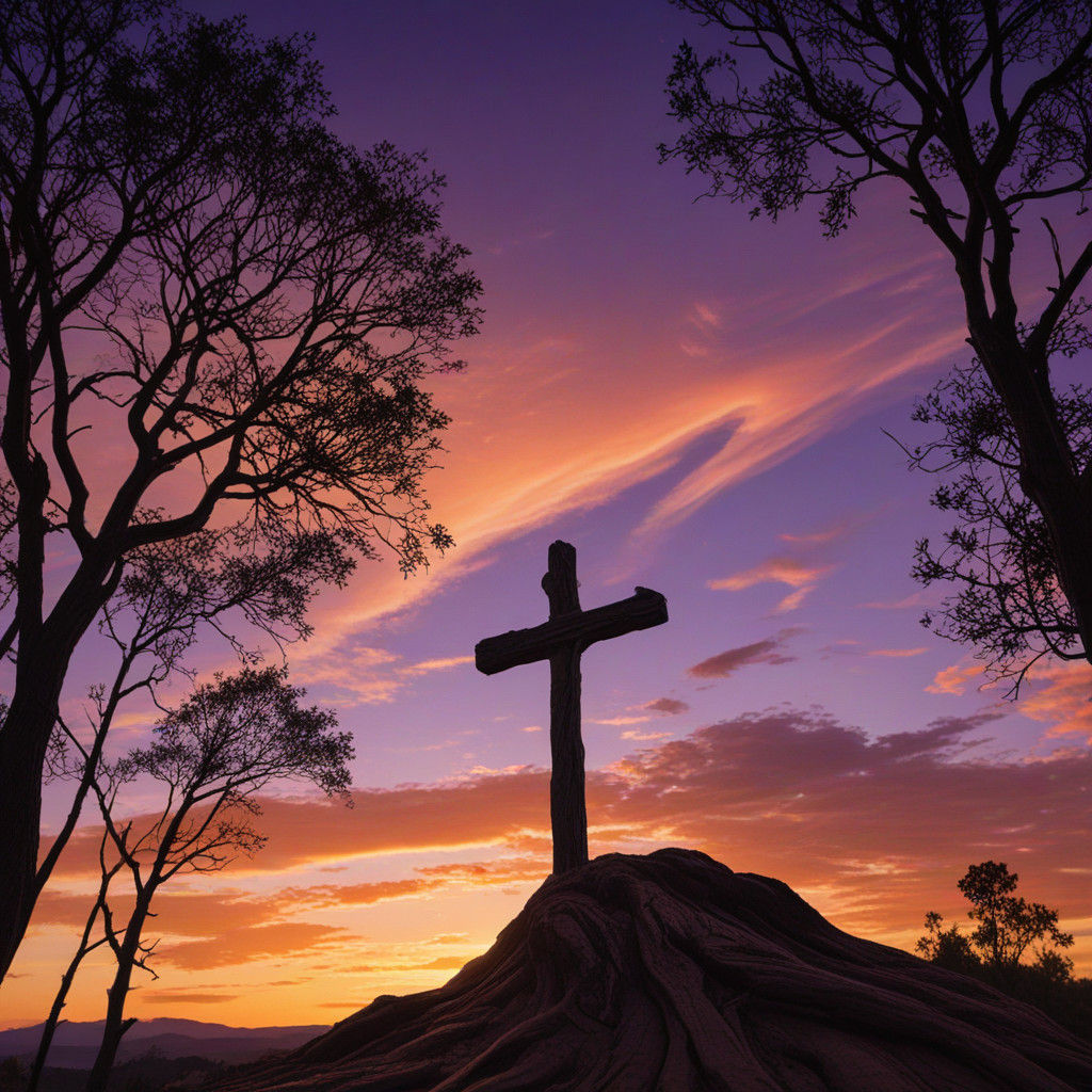 Wooden Cross Amidst a Sunset Landscape in Epic Cinematic Sty...
