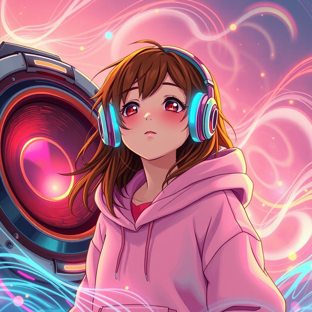 Anime Girl Lost in Music with Neon Speakers