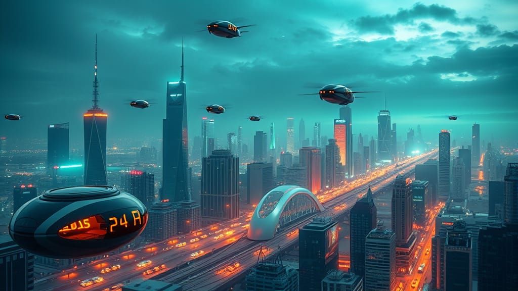 Futuristic Cityscape with Flying Vehicles in Neon Lights