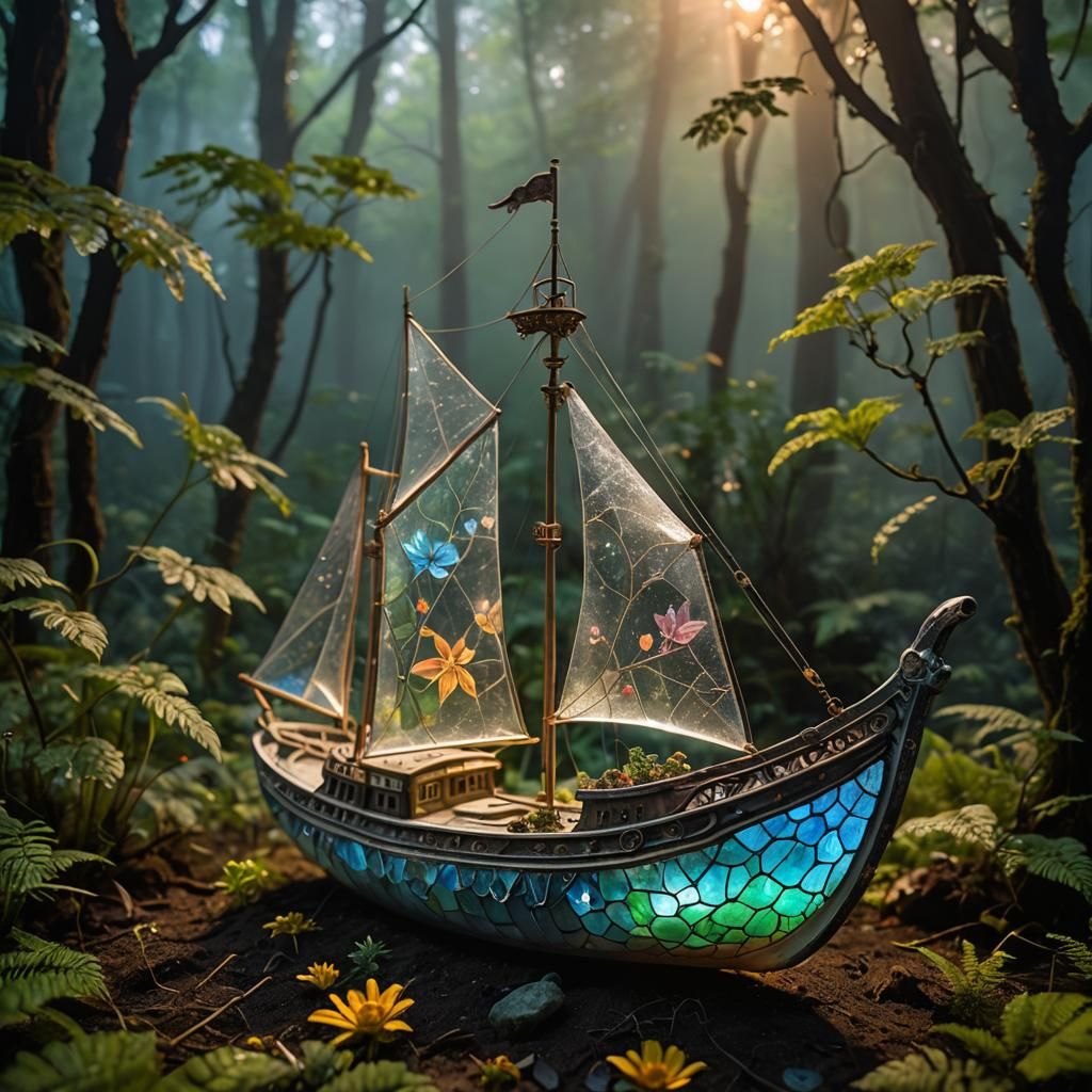 Glowing Mosaic Ship in a Surreal Forest