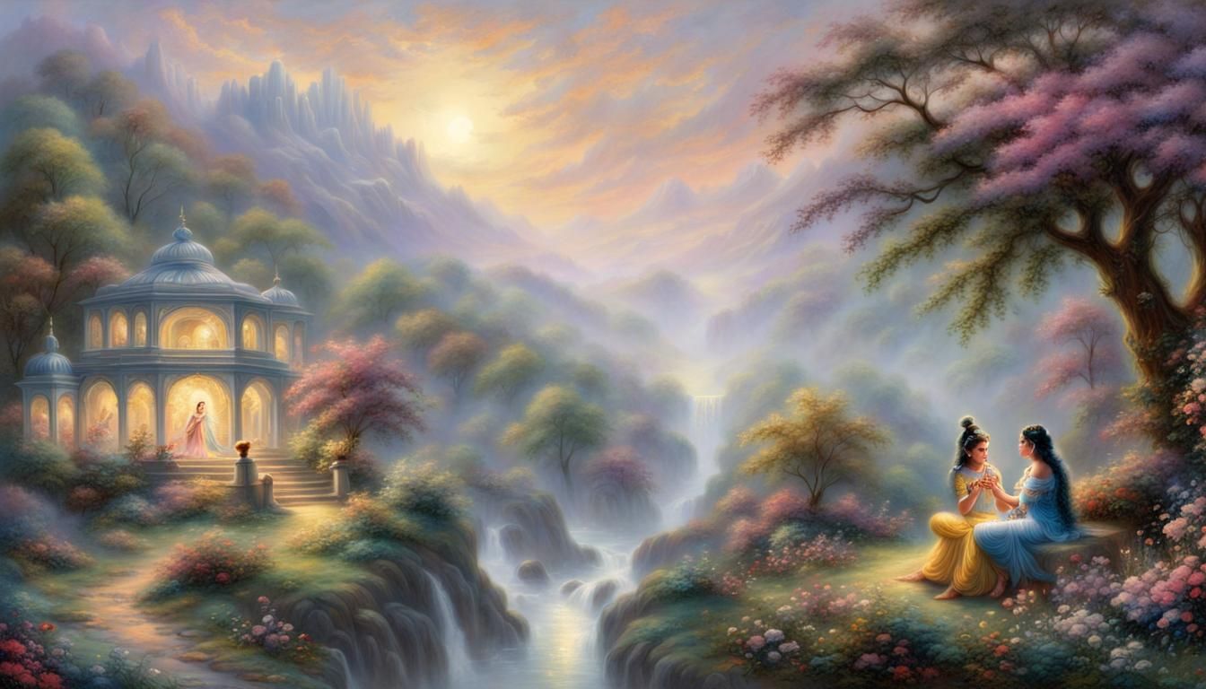 Ethereal Krishna in a Misty, Hyperdetailed Landscape