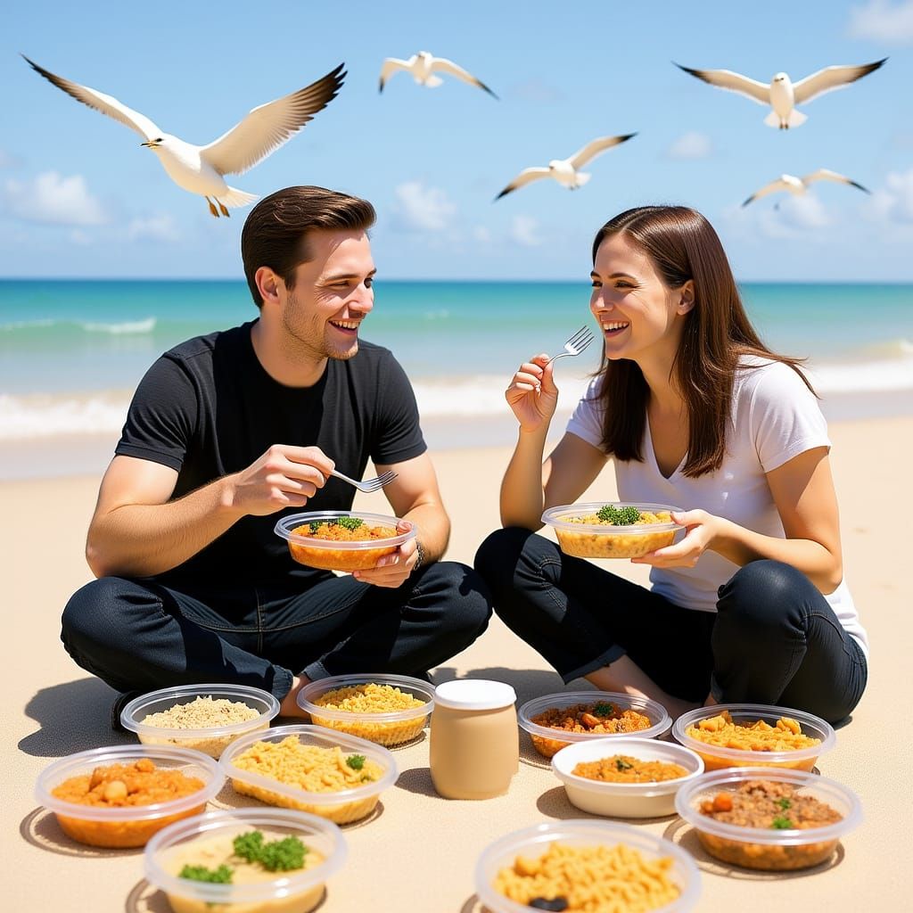 Happy Couple's Candid Beachside Meal