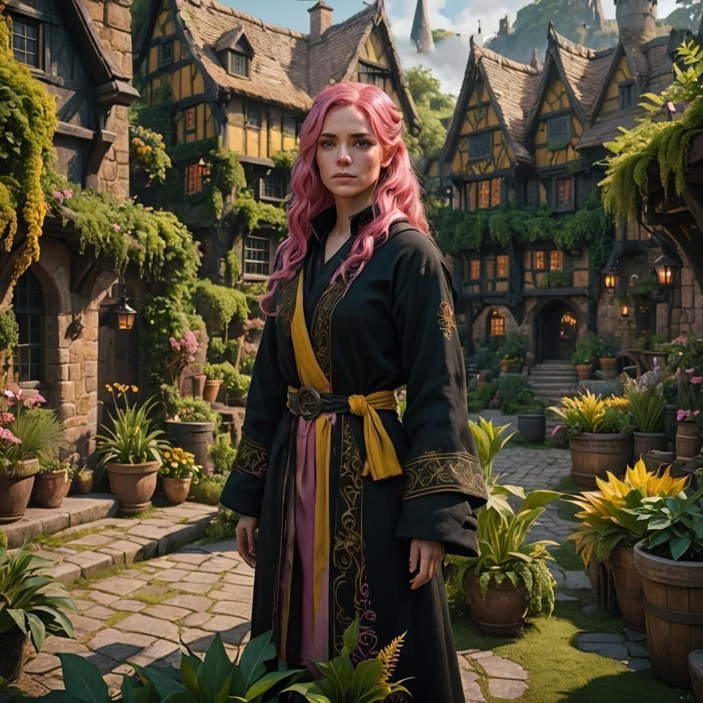 Girl in Hufflepuff Robes in Medieval Village