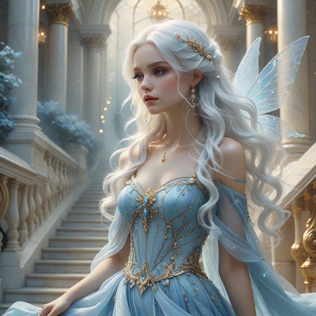 Ethereal Blue Fairy Descends Marble Staircase in Dreamy Hype...