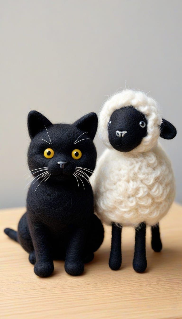 Handcrafted Felted Black Cat and Woolly Lamb