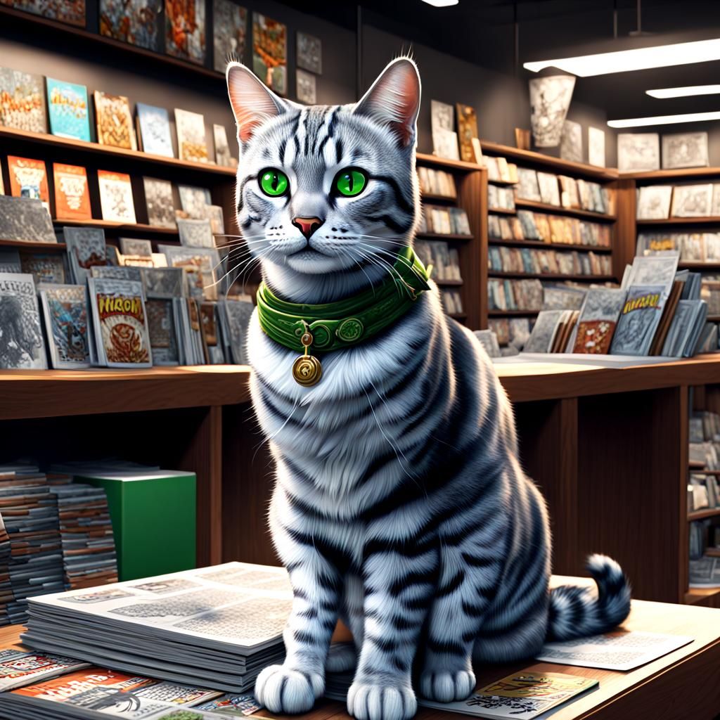 Silver Tabby Cat Reads Manga, Detailed Matte Painting
