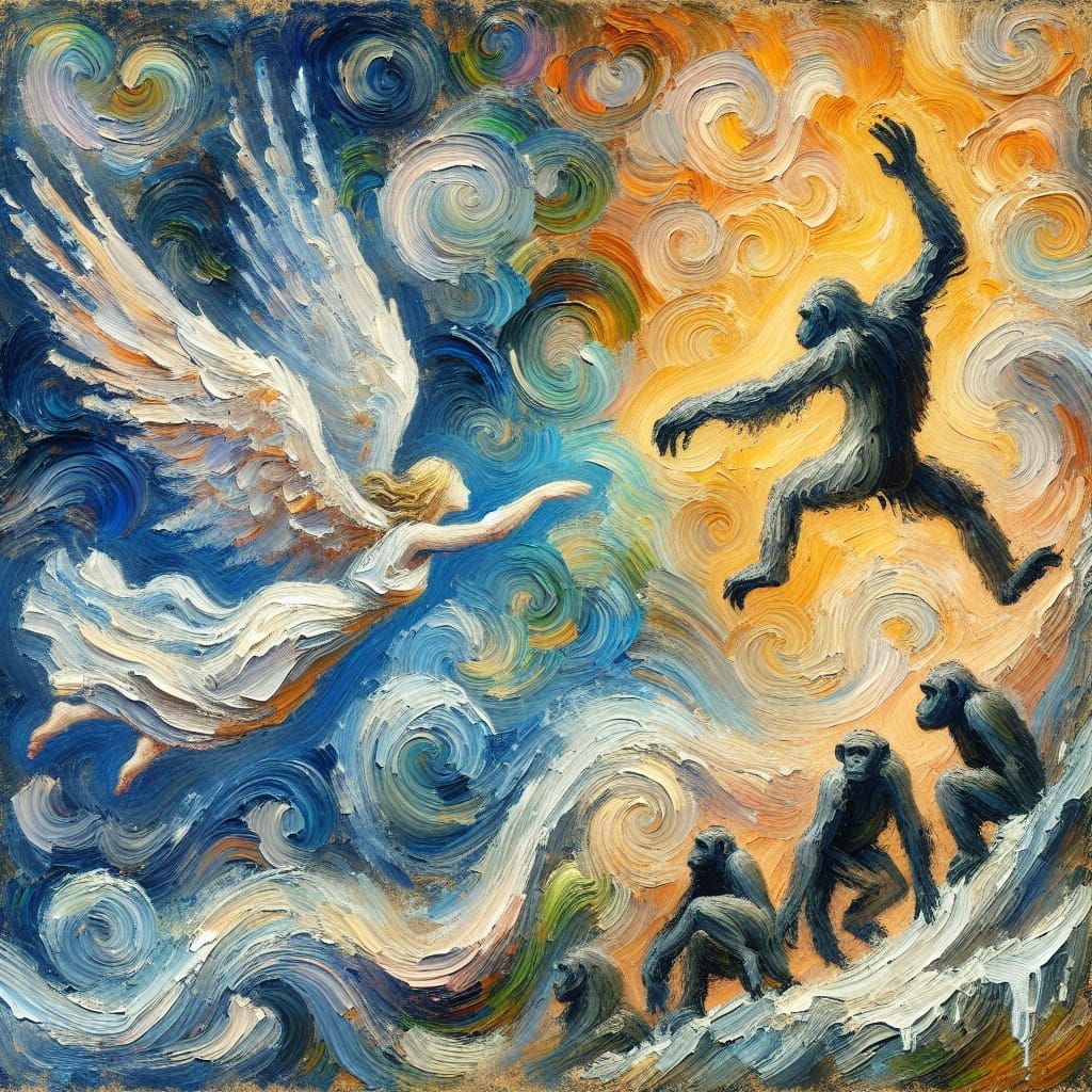 Angel and Ape Meeting as Impasto Painting