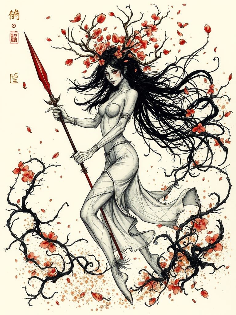 Nytherra Blossomfang in Corvidicon-Style Sumi-e