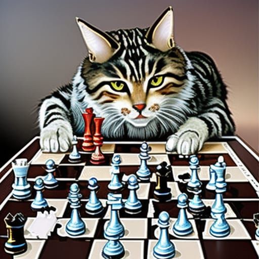 A Sokoke Tabby Cat cleverly playing chess on a black and white chessboard third edition